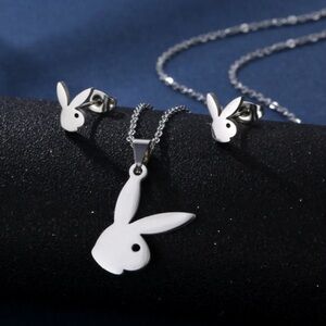 18K White Gold (Rhodium) Playboy Bunny Themed Necklace & Earrings Set